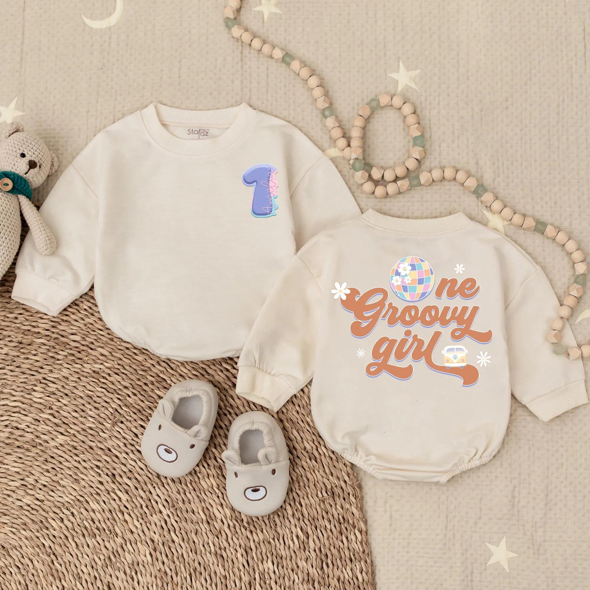 Personalized One Groovy Girl Bubble Romper Hippie First Birthday Outfit Soft Cotton Baby Girl Bodysuit Newborn Clothes Gift Boho Retro Style