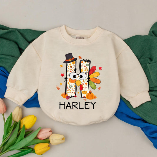 Personalized Thanksgiving Baby Romper Turkey Outfit First Fall Baby Gift, Baby Shower Bodysuit Announcement, Little Turkey