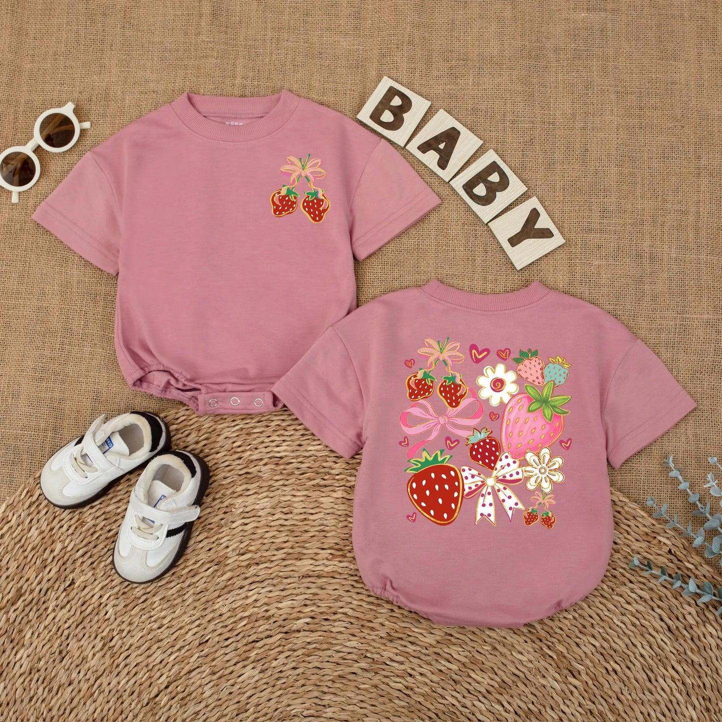 Boho Floral Strawberry Bubble Romper Baby Girl Outfit Cute Summer Fruit Infant Clothes Strawberry Baby Girl
