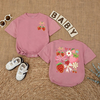 Boho Floral Strawberry Bubble Romper Baby Girl Outfit Cute Summer Fruit Infant Clothes Strawberry Baby Girl