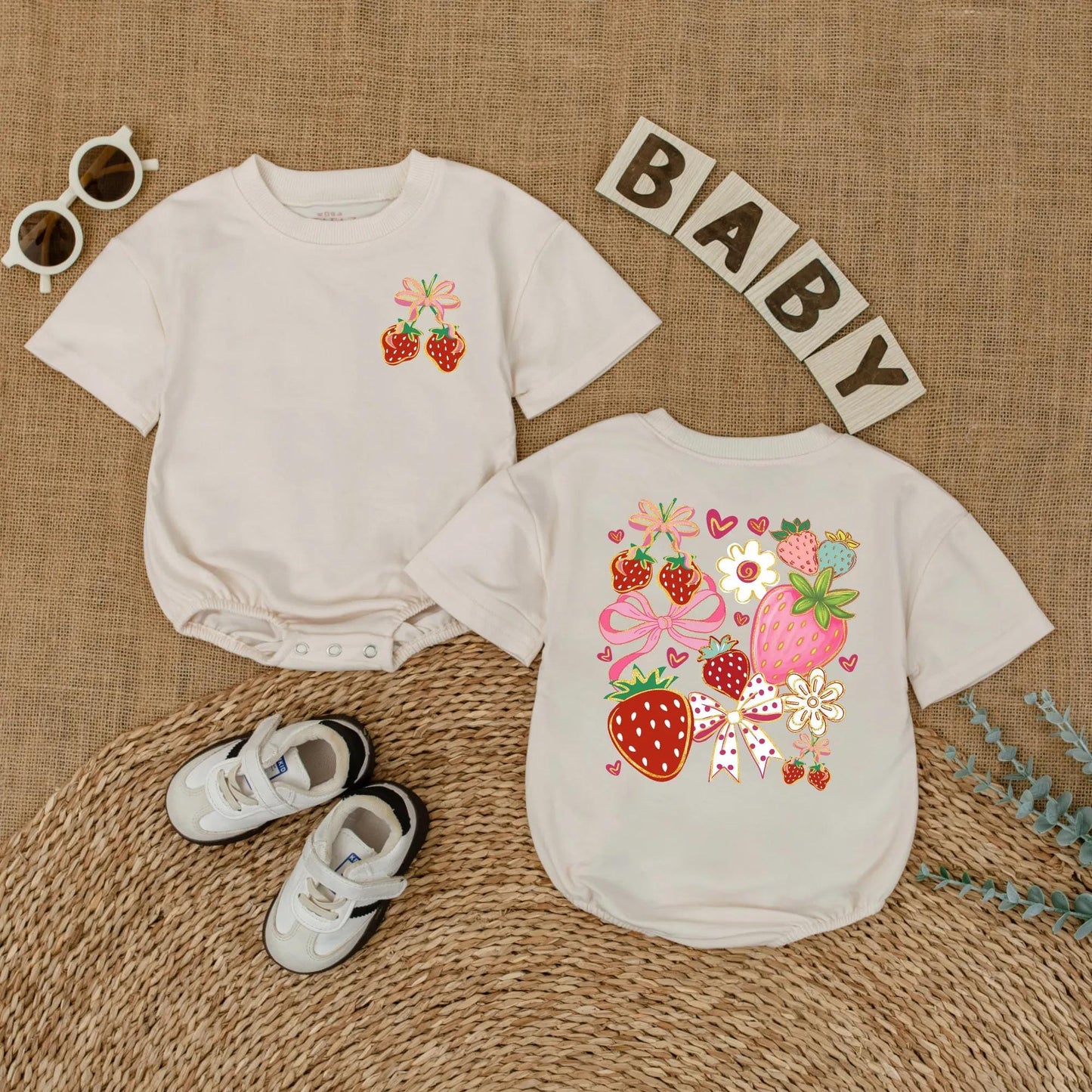 Boho Floral Strawberry Bubble Romper Baby Girl Outfit Cute Summer Fruit Infant Clothes Strawberry Baby Girl