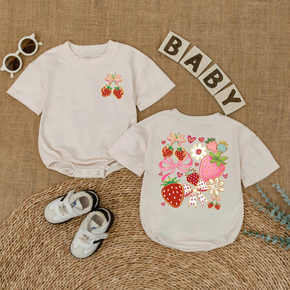 Boho Floral Strawberry Bubble Romper Baby Girl Outfit Cute Summer Fruit Infant Clothes Strawberry Baby Girl