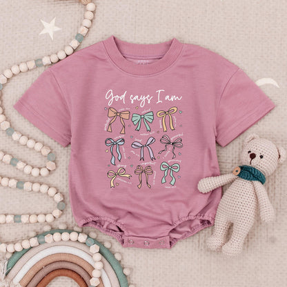 God Says I Am Baby Girl Romper Cute Bows Christian Bodysuit Pastel Colors Sunday School Outfit Sweet Religious Gift for Girls Adorable Babysuit 135