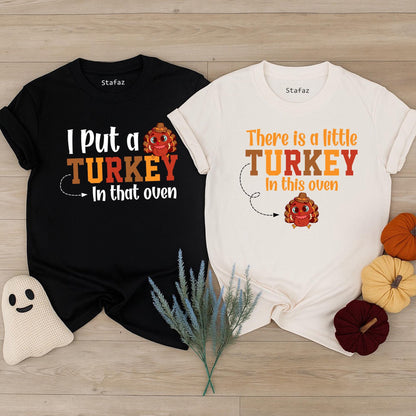 Little Turkey in the Oven Pregnancy Reveal Shirt Thanksgiving Baby Announcement Couple Fall Mama to Be