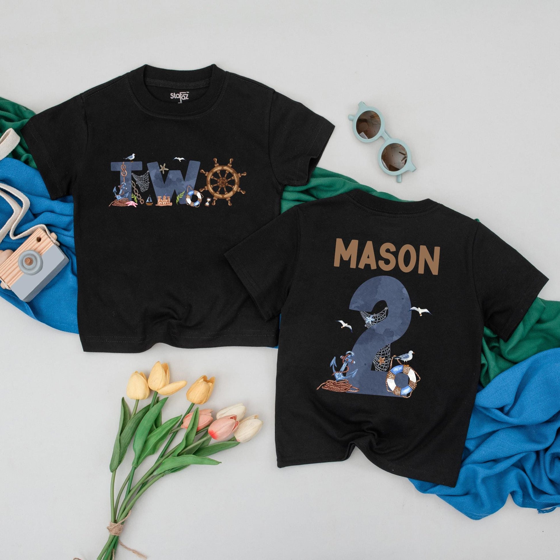 Personalized Nautical Ocean Theme 2nd Birthday Boy Shirt for Toddlers, Sailor Baby Party Outfit Gift for Second Birthday Celebration