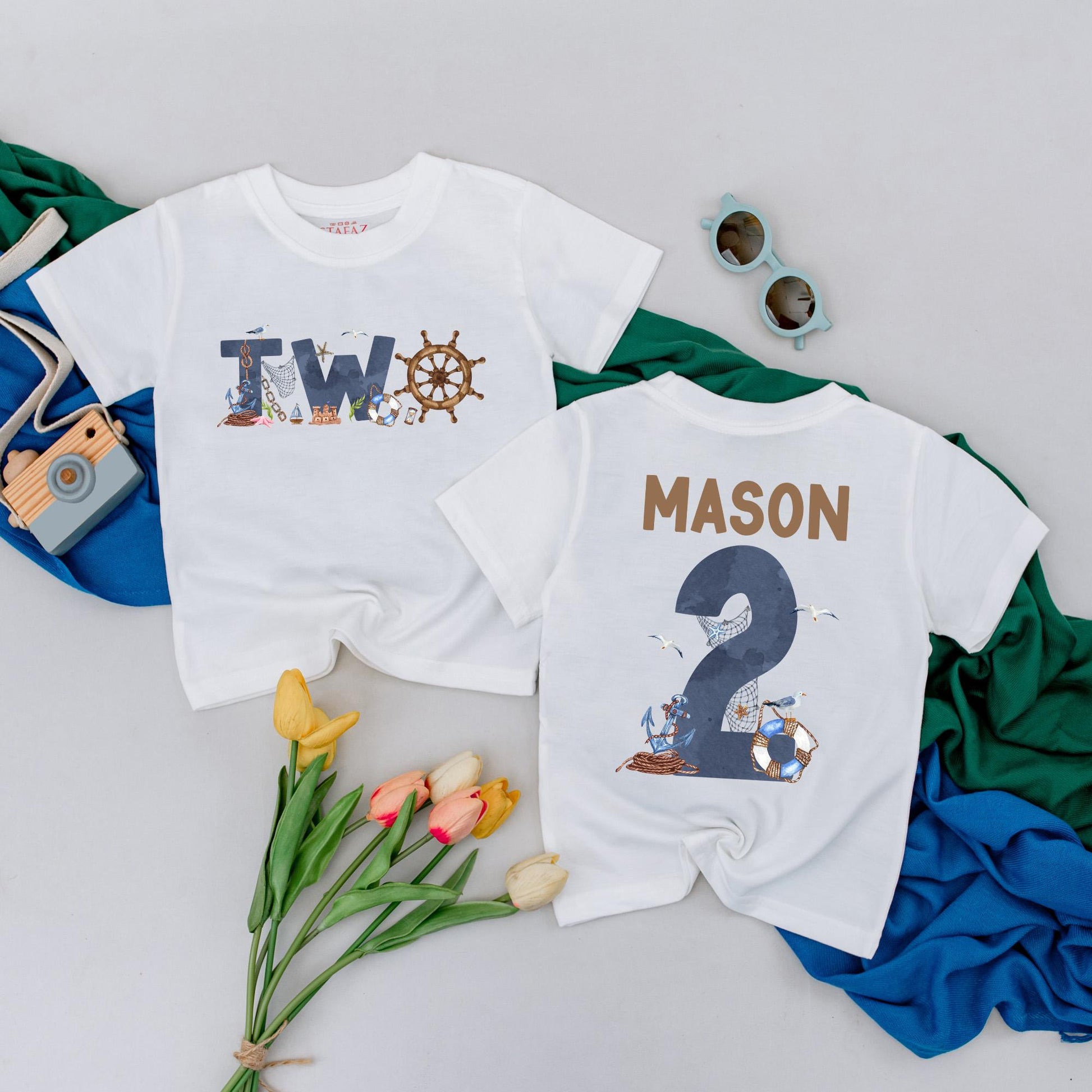 Personalized Nautical Ocean Theme 2nd Birthday Boy Shirt for Toddlers, Sailor Baby Party Outfit Gift for Second Birthday Celebration