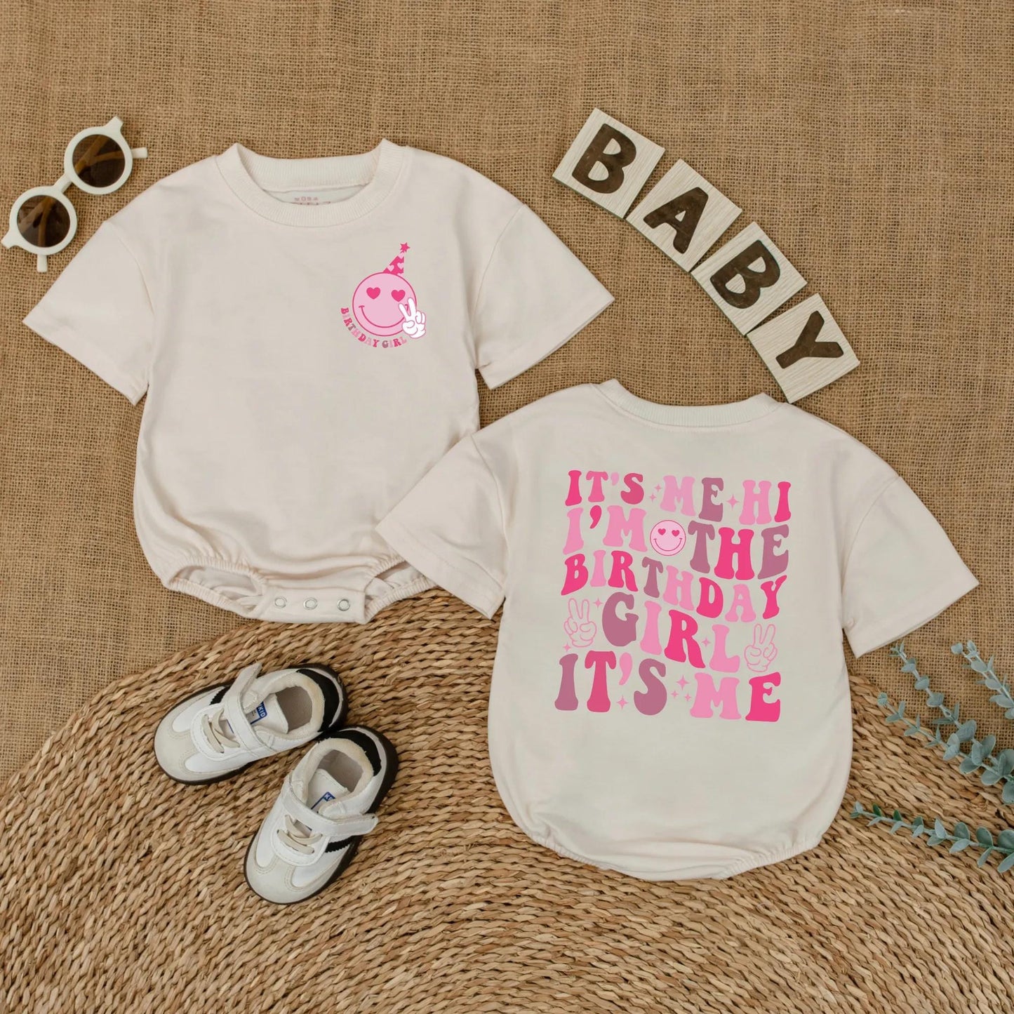 Groovy Retro Smile Face Birthday Girl Baby Romper Cute First Birthday Outfit for Baby Girls
