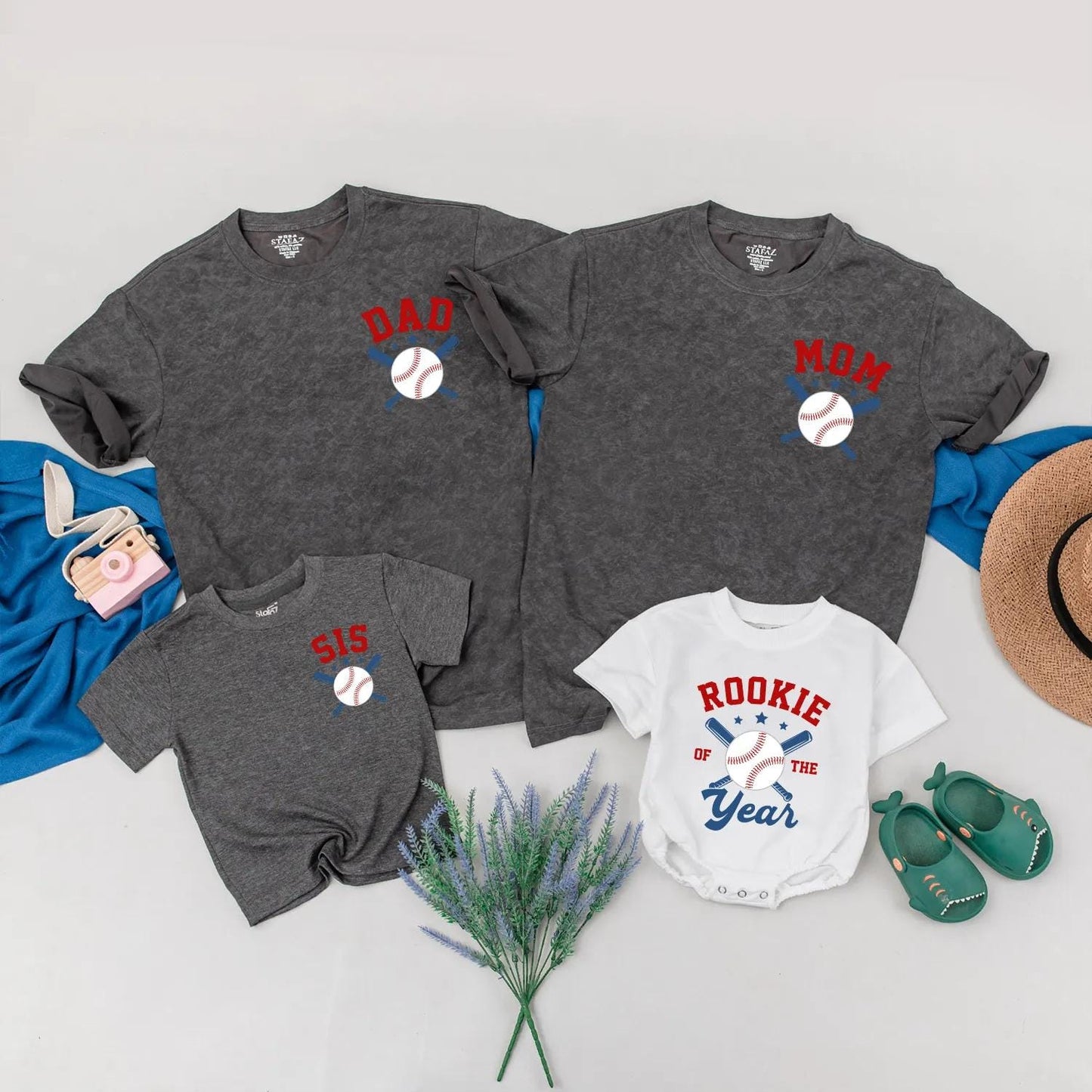 Rookie of the Year Baseball Family Matching Outfits, 1st Birthday Romper Set, Game Day Shirts for Dad, Mom, Bro, Red White Blue Star Accents (138 chars)