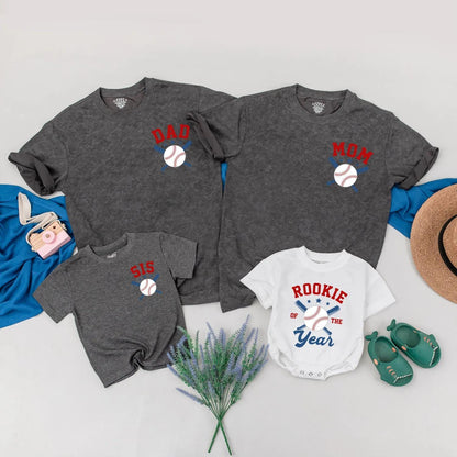 Rookie of the Year Baseball Family Matching Outfits, 1st Birthday Romper Set, Game Day Shirts for Dad, Mom, Bro, Red White Blue Star Accents (138 chars)