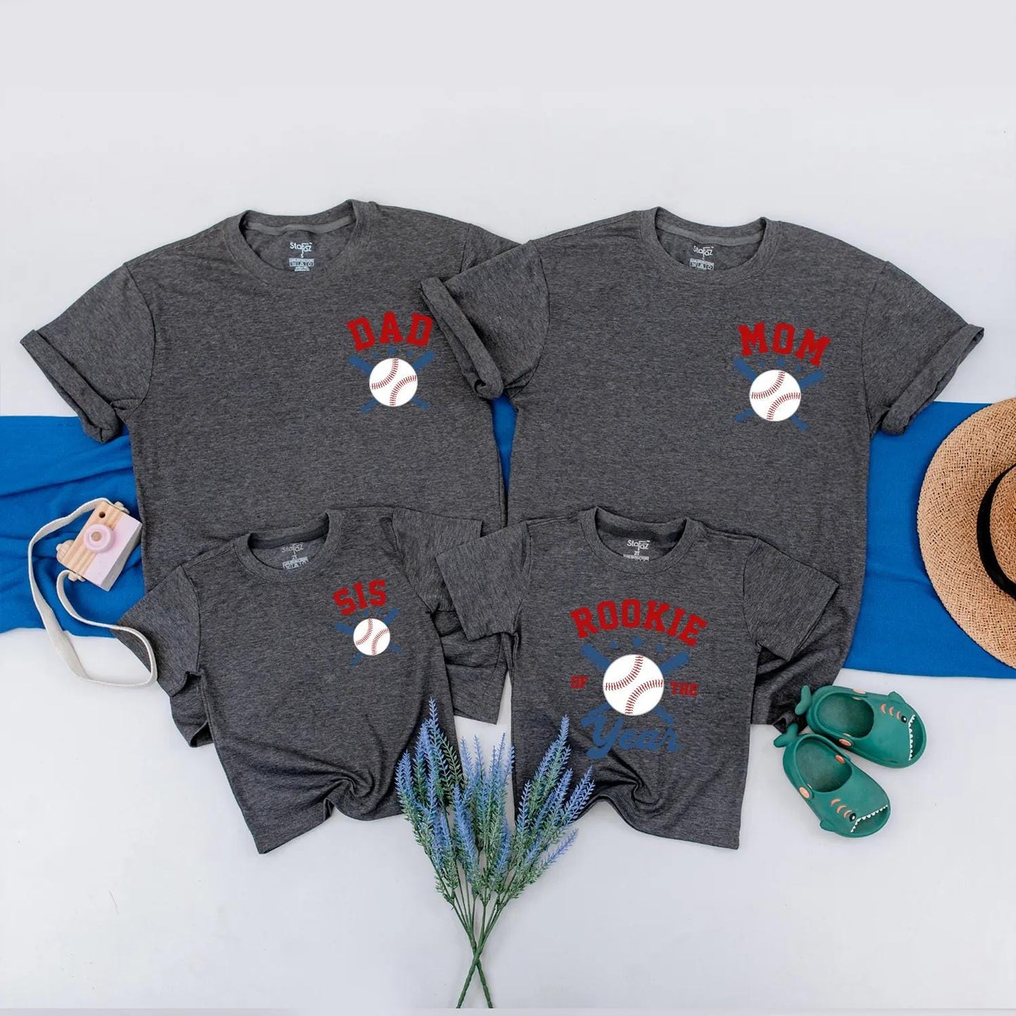 Rookie of the Year Baseball Family Matching Outfits, 1st Birthday Romper Set, Game Day Shirts for Dad, Mom, Bro, Red White Blue Star Accents (138 chars)
