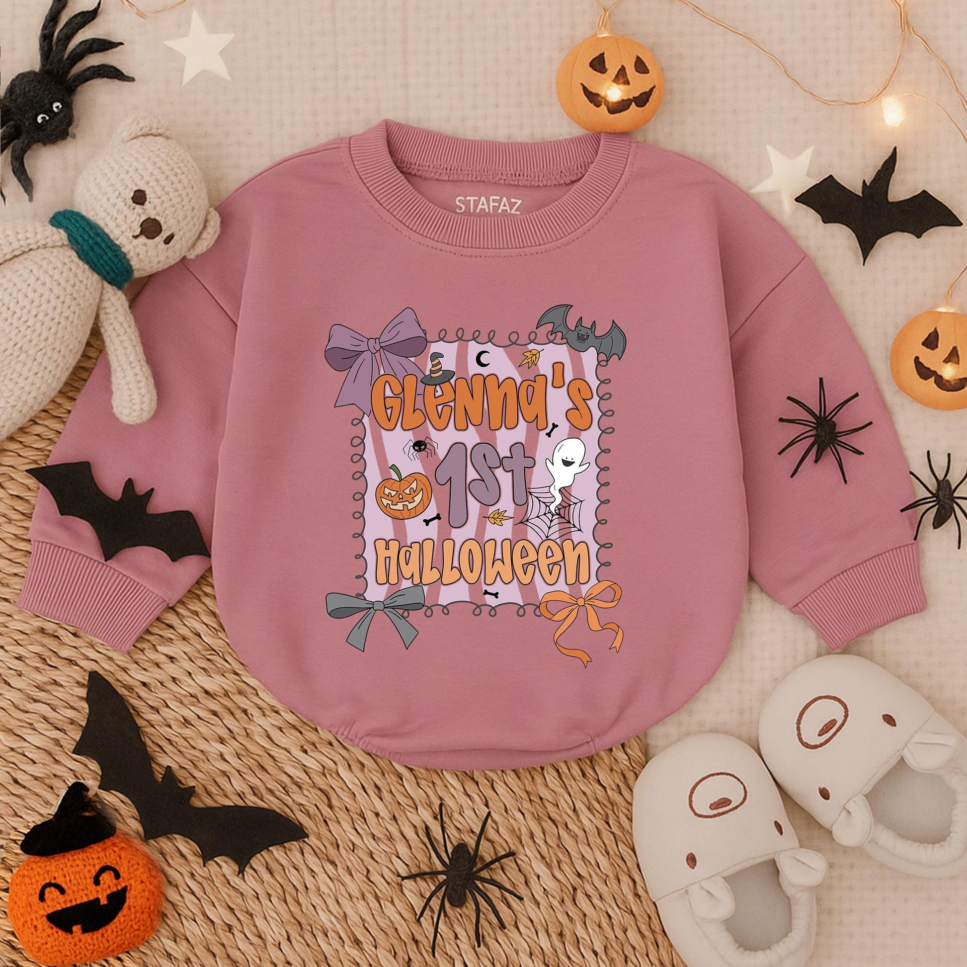 Custom Baby Girl First Halloween Romper Personalized Name Spooky Cute Infant Fall Bubble Outfit