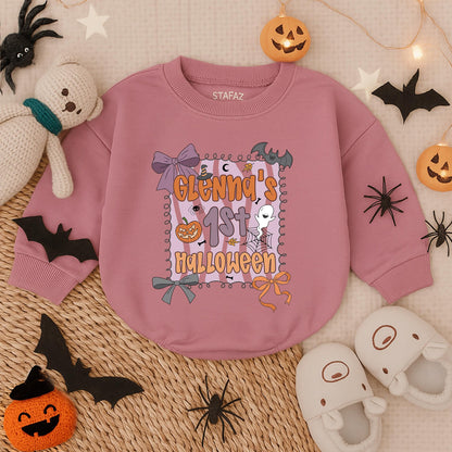 Custom Baby Girl First Halloween Romper Personalized Name Spooky Cute Infant Fall Bubble Outfit