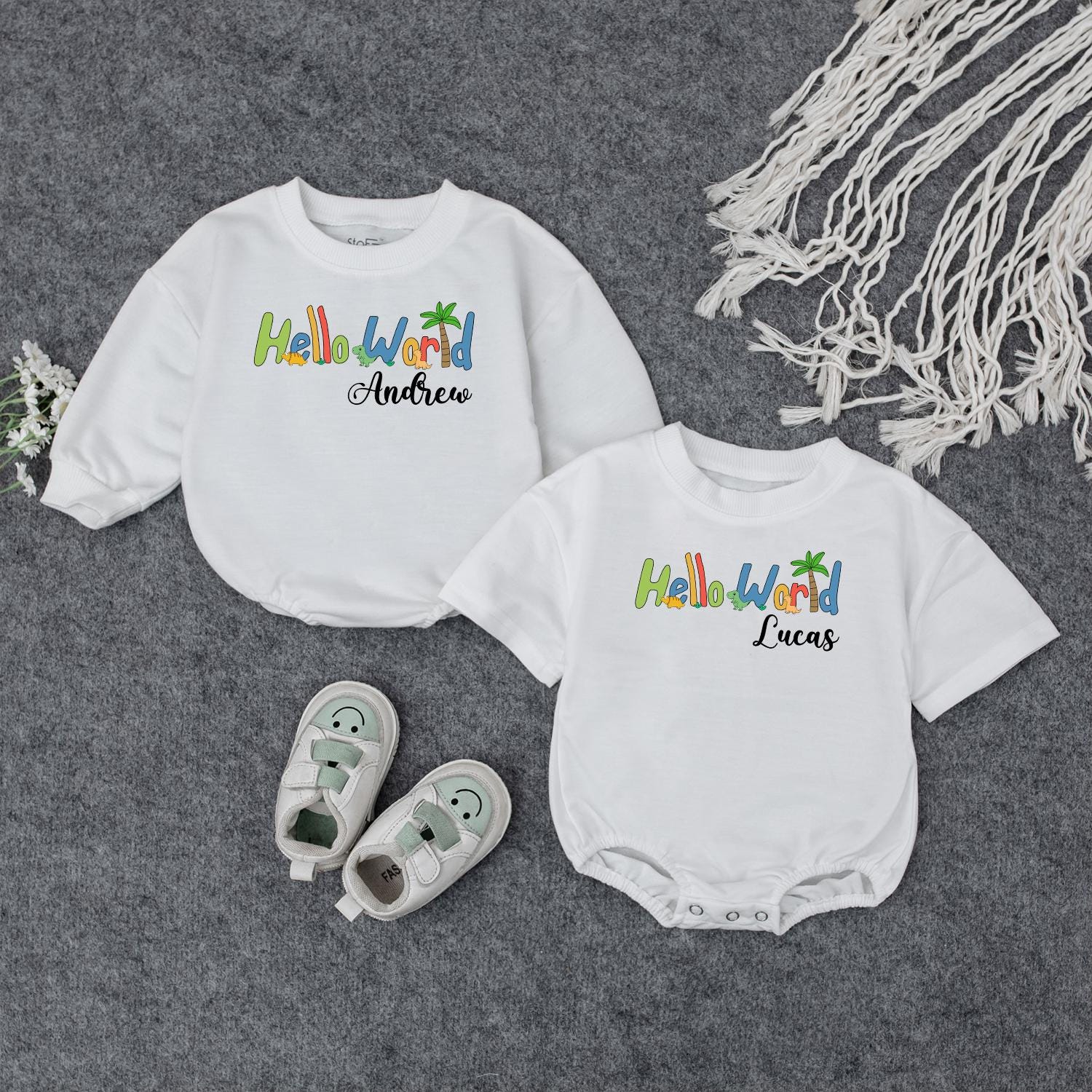 Custom Dinosaur Baby Romper Hello World Dino Name Outfit First Birthday Bodysuit Baby Shower Gift for Boys