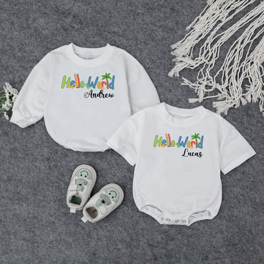 Custom Dinosaur Baby Romper Hello World Dino Name Outfit First Birthday Bodysuit Baby Shower Gift for Boys