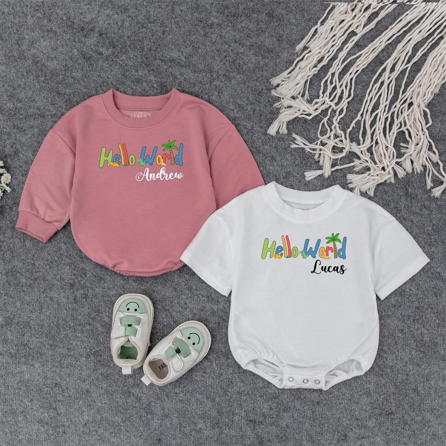 Custom Dinosaur Baby Romper Hello World Dino Name Outfit First Birthday Bodysuit Baby Shower Gift for Boys