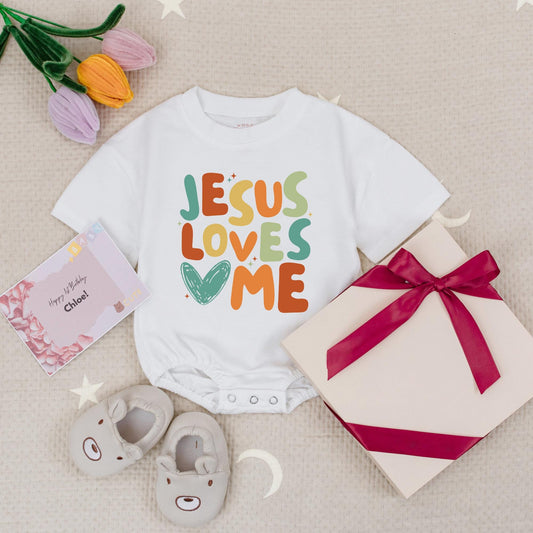 Jesus Loves Me Colorful Christian Baby Bodysuit Jesus Heart Design Church Outfit First Baby Gift