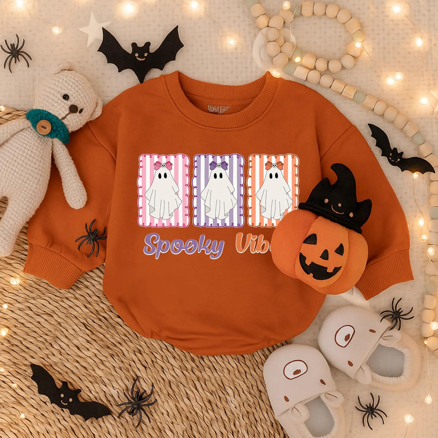 Spooky Vibes Baby Girl's First Halloween Romper Outfit: 1st Halloween Bubble Romper, Infant Girl Fall Bodysuit
