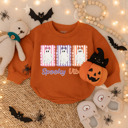 Spooky Vibes Baby Girl's First Halloween Romper Outfit: 1st Halloween Bubble Romper, Infant Girl Fall Bodysuit