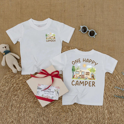 Personalized One Happy Camper Baby Boy Romper with Custom Name for First Birthday Bodysuit Adventure Camping Theme Soft Comfortable Summer Celebration