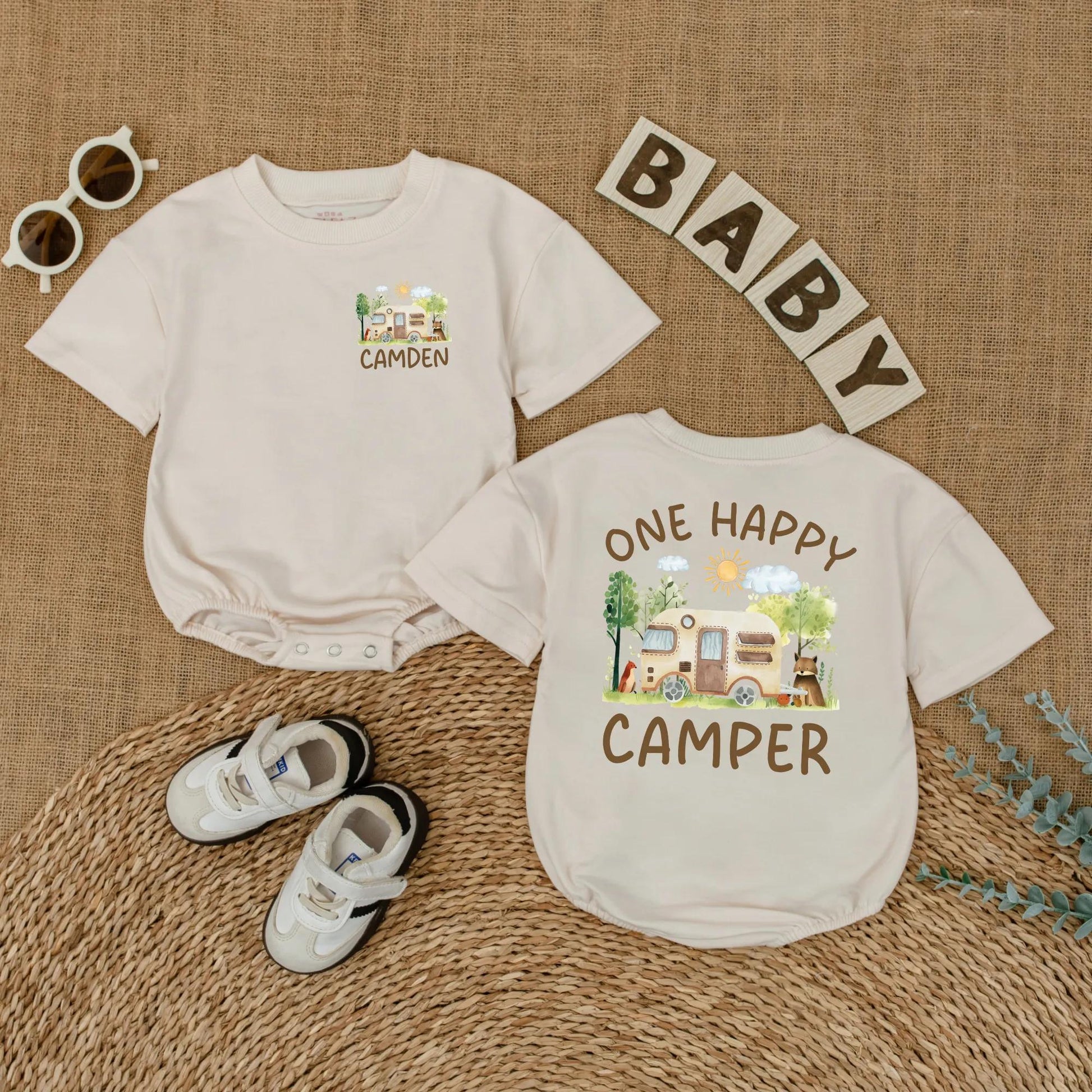 Personalized One Happy Camper Baby Boy Romper with Custom Name for First Birthday Bodysuit Adventure Camping Theme Soft Comfortable Summer Celebration