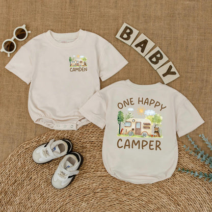 Personalized One Happy Camper Baby Boy Romper with Custom Name for First Birthday Bodysuit Adventure Camping Theme Soft Comfortable Summer Celebration