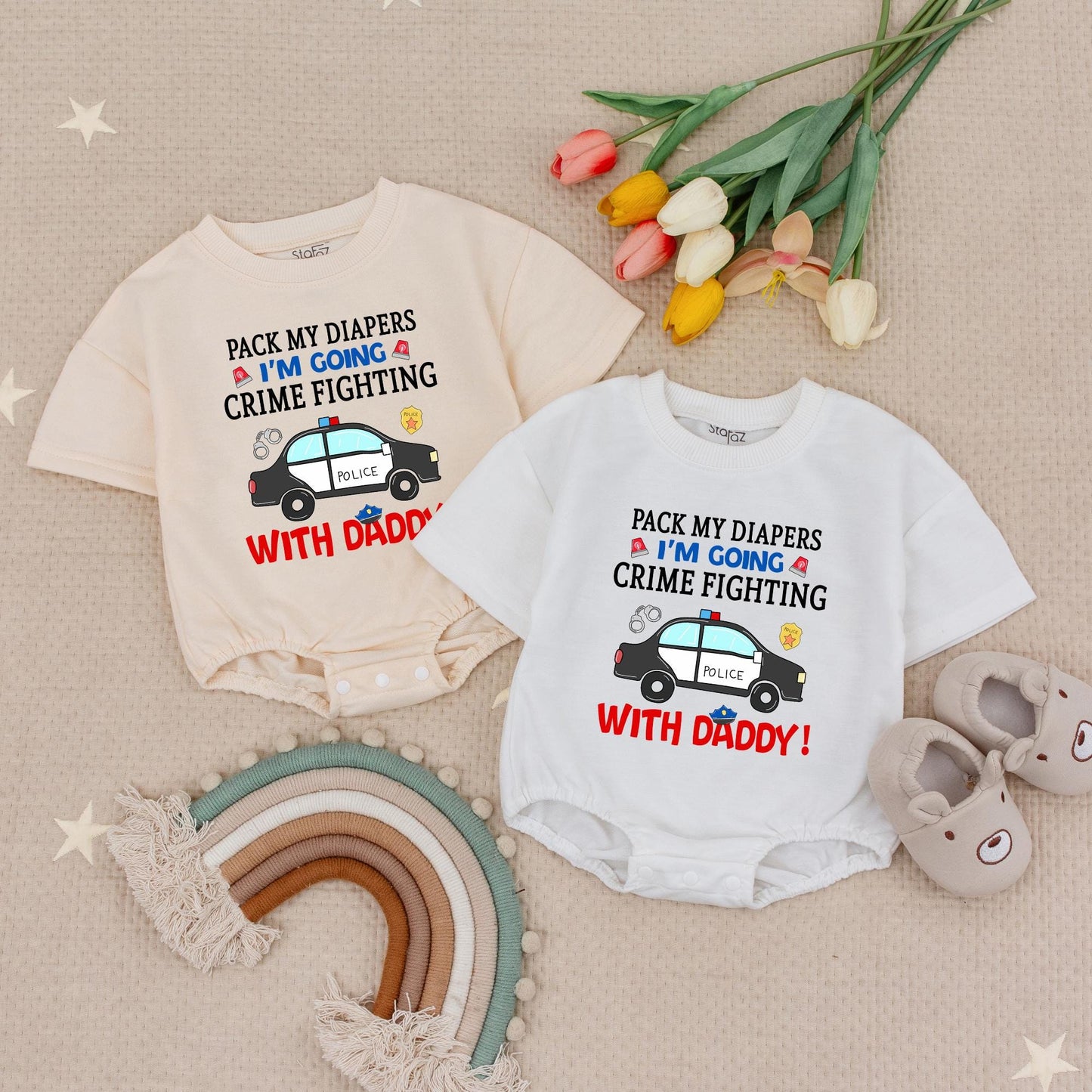 Pack My Diapers I'm Going Crime Fighting With Daddy Baby Romper Cute Police Policeman Dad Gift Newborn Boy Clothes