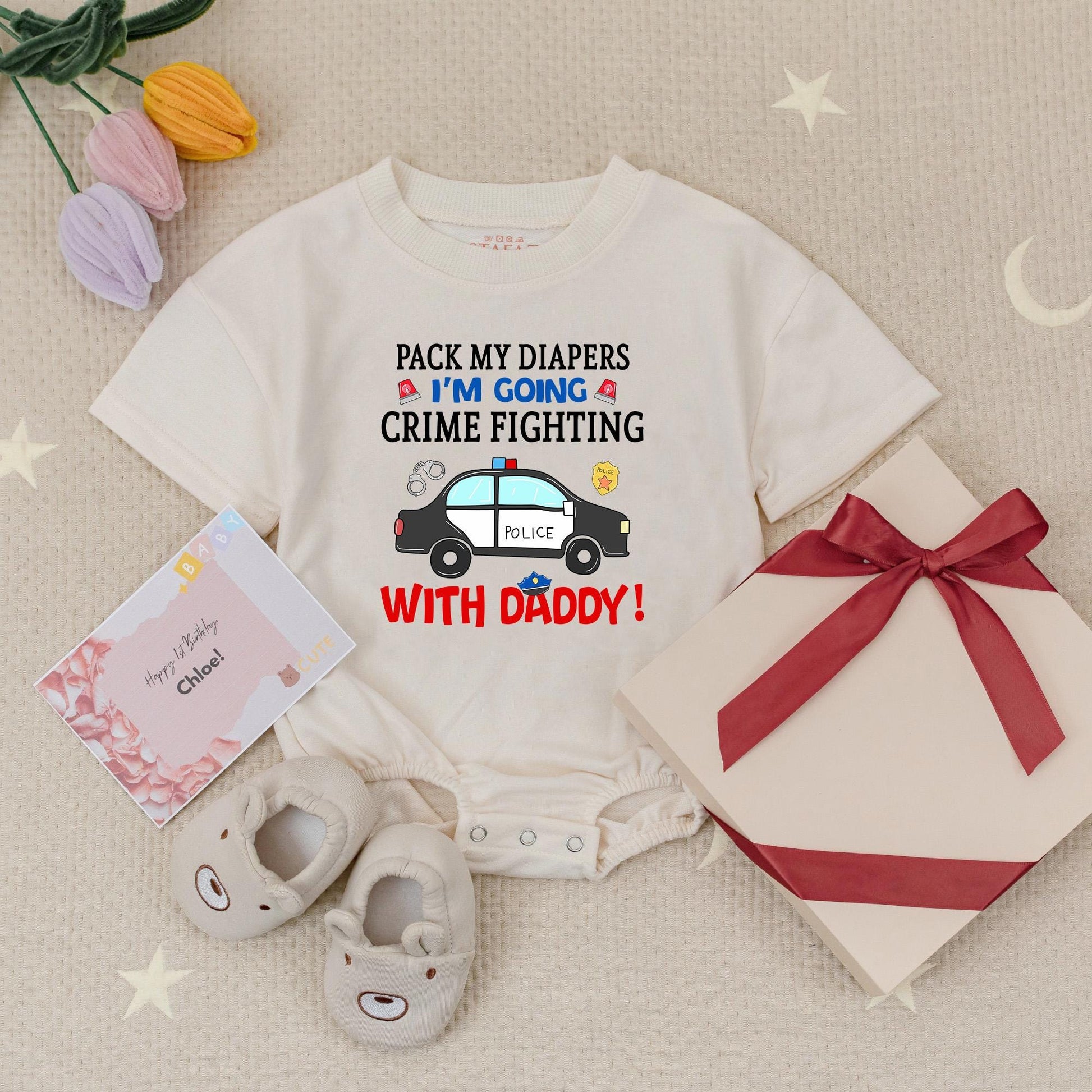 Pack My Diapers I'm Going Crime Fighting With Daddy Baby Romper Cute Police Policeman Dad Gift Newborn Boy Clothes