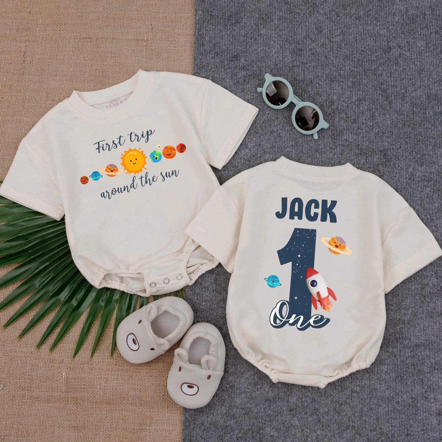 First Trip Around the Sun Boy Romper Galaxy Theme 1st Birthday Outfit for Baby Astronaut Space Explorer One Year Old Gift