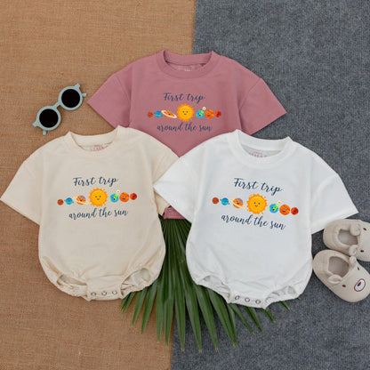 First Trip Around the Sun Boy Romper Galaxy Theme 1st Birthday Outfit for Baby Astronaut Space Explorer One Year Old Gift