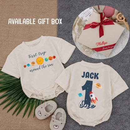 First Trip Around the Sun Boy Romper Galaxy Theme 1st Birthday Outfit for Baby Astronaut Space Explorer One Year Old Gift