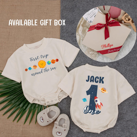 First Trip Around the Sun Boy Romper Galaxy Theme 1st Birthday Outfit for Baby Astronaut Space Explorer One Year Old Gift