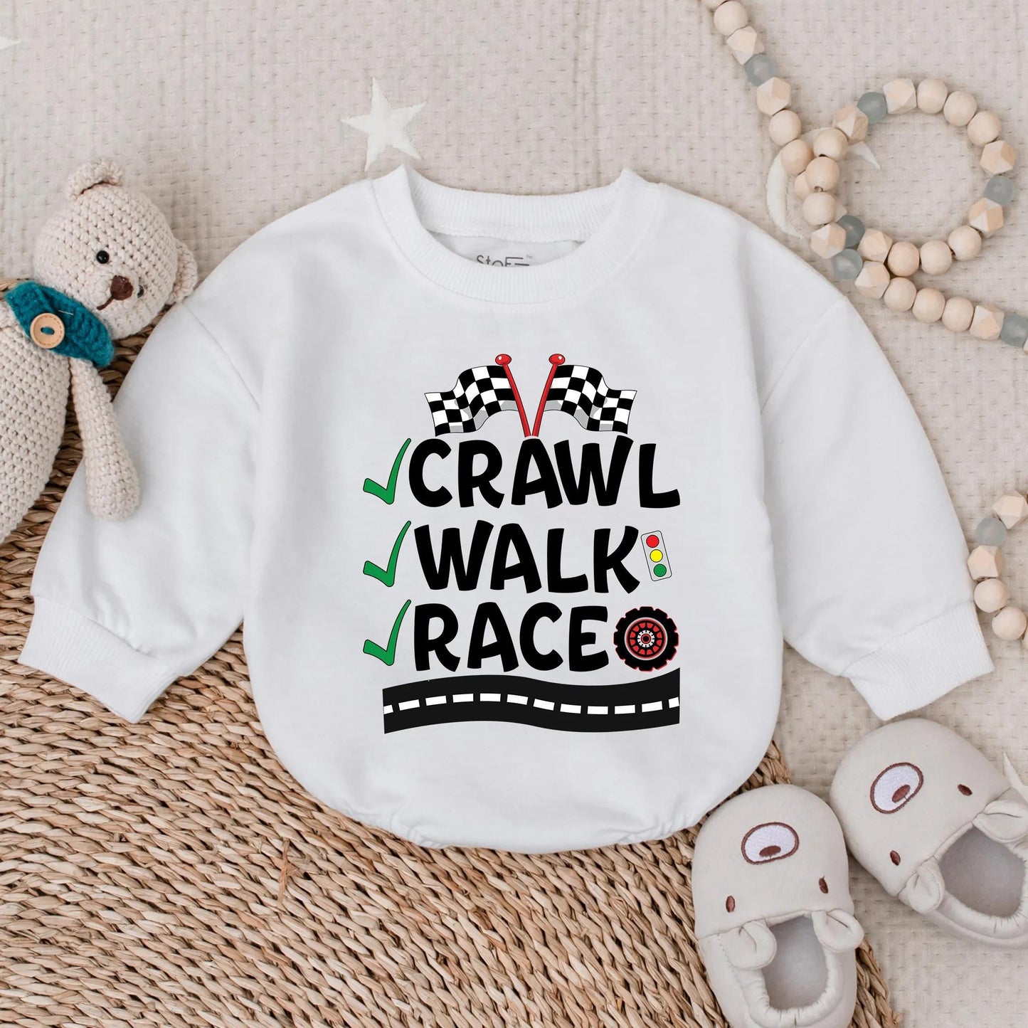 Crawl Walk Race Baby Bubble Bodysuit Funny Race Car Romper Baby Boy Racing Outfit Newborn Race Theme Clothes Fan Shower Gift