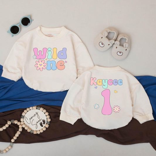 Personalized Wild One Pastel Floral Birthday Romper for Baby Girl Cake Smash Outfit Custom Name Floral Details Whimsical First Birthday Celebration Clothes