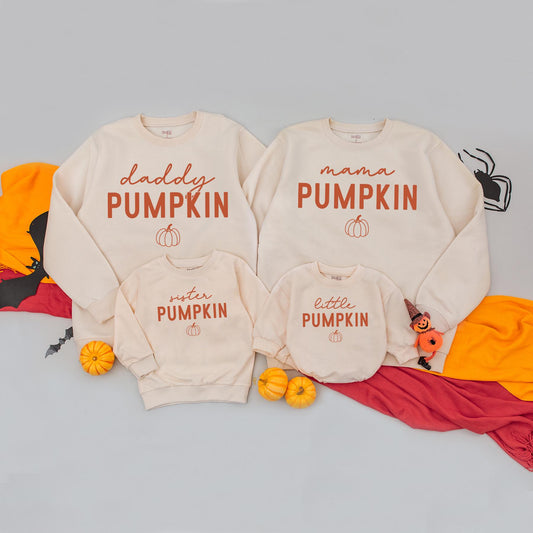 Family Pumpkin Sweatshirts Rust Orange "Pumpkin" Design Mommy and Me Fall Matching Outfits Baby Bodysuit Thanksgiving Retro Cozy