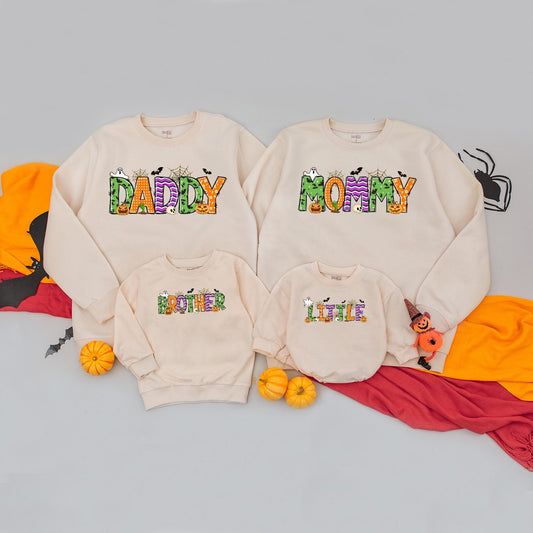 Personalized Family Halloween Matching Name Sweatshirt Ghost Birthday Outfit Baby Boy Bodysuit Fall Autumn Cozy Crew Shirt