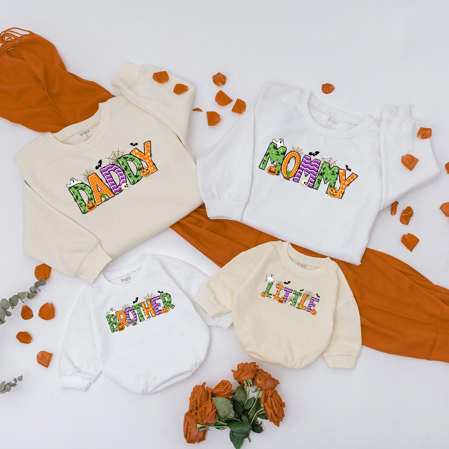 Personalized Family Halloween Matching Name Sweatshirt Ghost Birthday Outfit Baby Boy Bodysuit Fall Autumn Cozy Crew Shirt