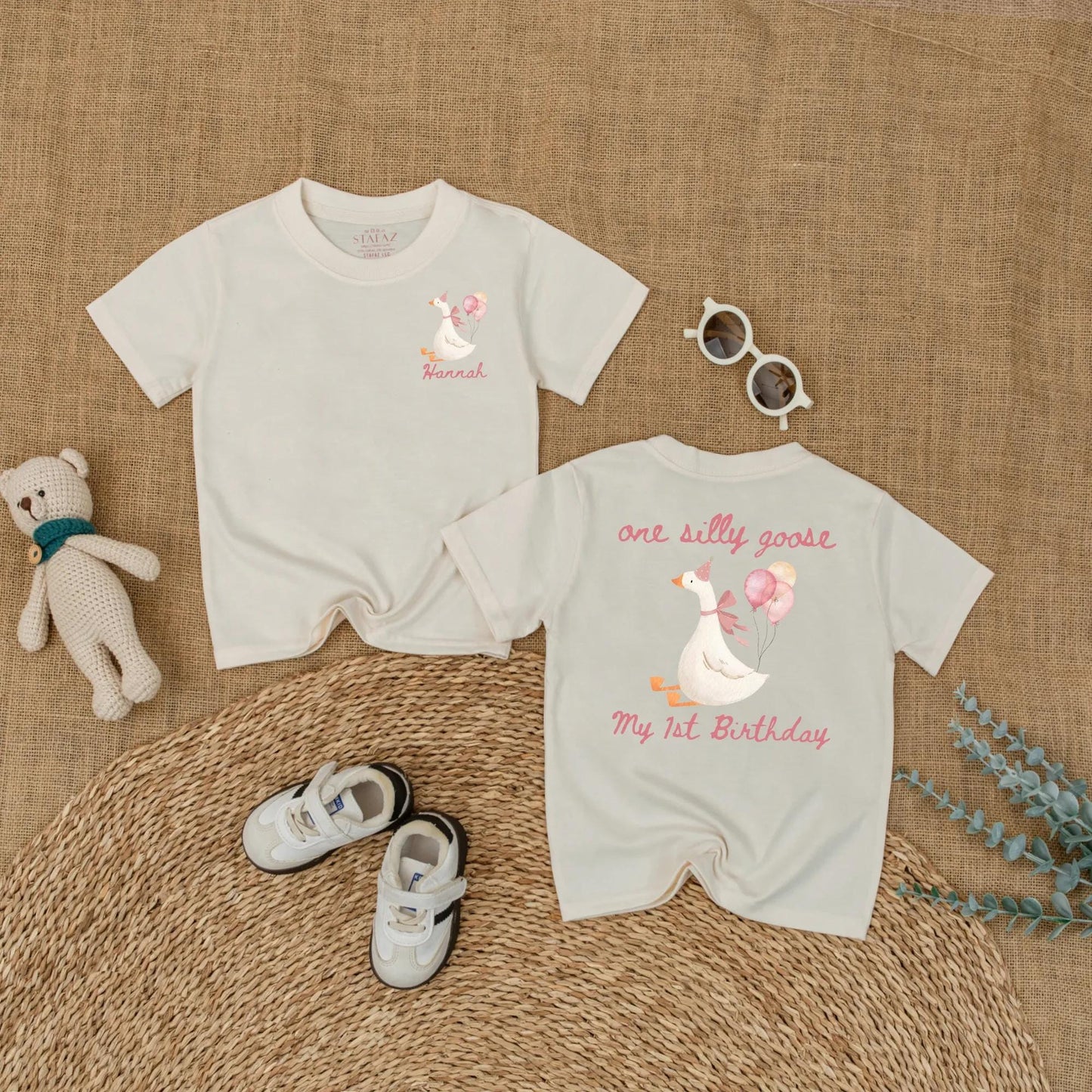 Personalized Pink Goose First Birthday Romper Baby Girl Outfit Funny Goose Themed Party Shirt Short Sleeve Bubble