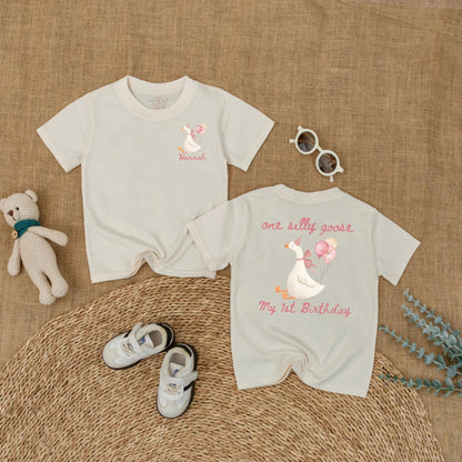Personalized Pink Goose First Birthday Romper Baby Girl Outfit Funny Goose Themed Party Shirt Short Sleeve Bubble