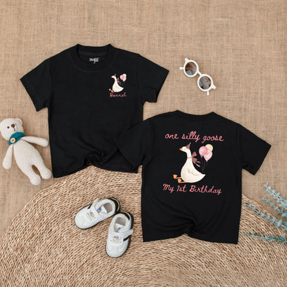 Personalized Pink Goose First Birthday Romper Baby Girl Outfit Funny Goose Themed Party Shirt Short Sleeve Bubble