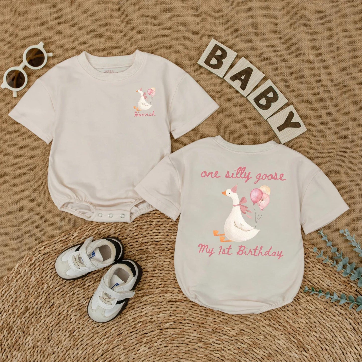 Personalized Pink Goose First Birthday Romper Baby Girl Outfit Funny Goose Themed Party Shirt Short Sleeve Bubble