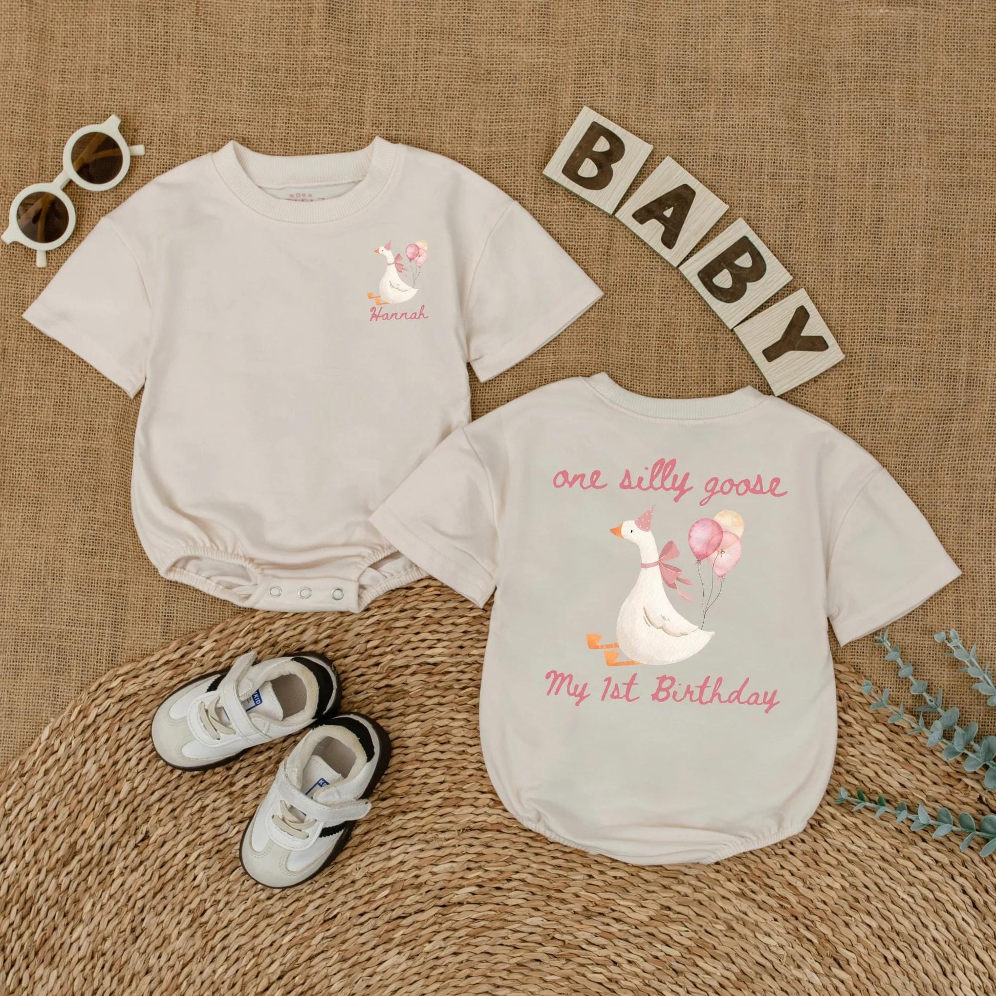Personalized Pink Goose First Birthday Romper Baby Girl Outfit Funny Goose Themed Party Shirt Short Sleeve Bubble