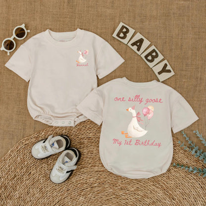 Personalized Pink Goose First Birthday Romper Baby Girl Outfit Funny Goose Themed Party Shirt Short Sleeve Bubble