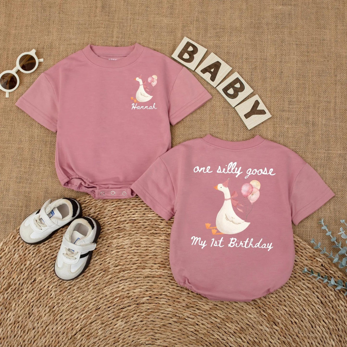 Personalized Pink Goose First Birthday Romper Baby Girl Outfit Funny Goose Themed Party Shirt Short Sleeve Bubble