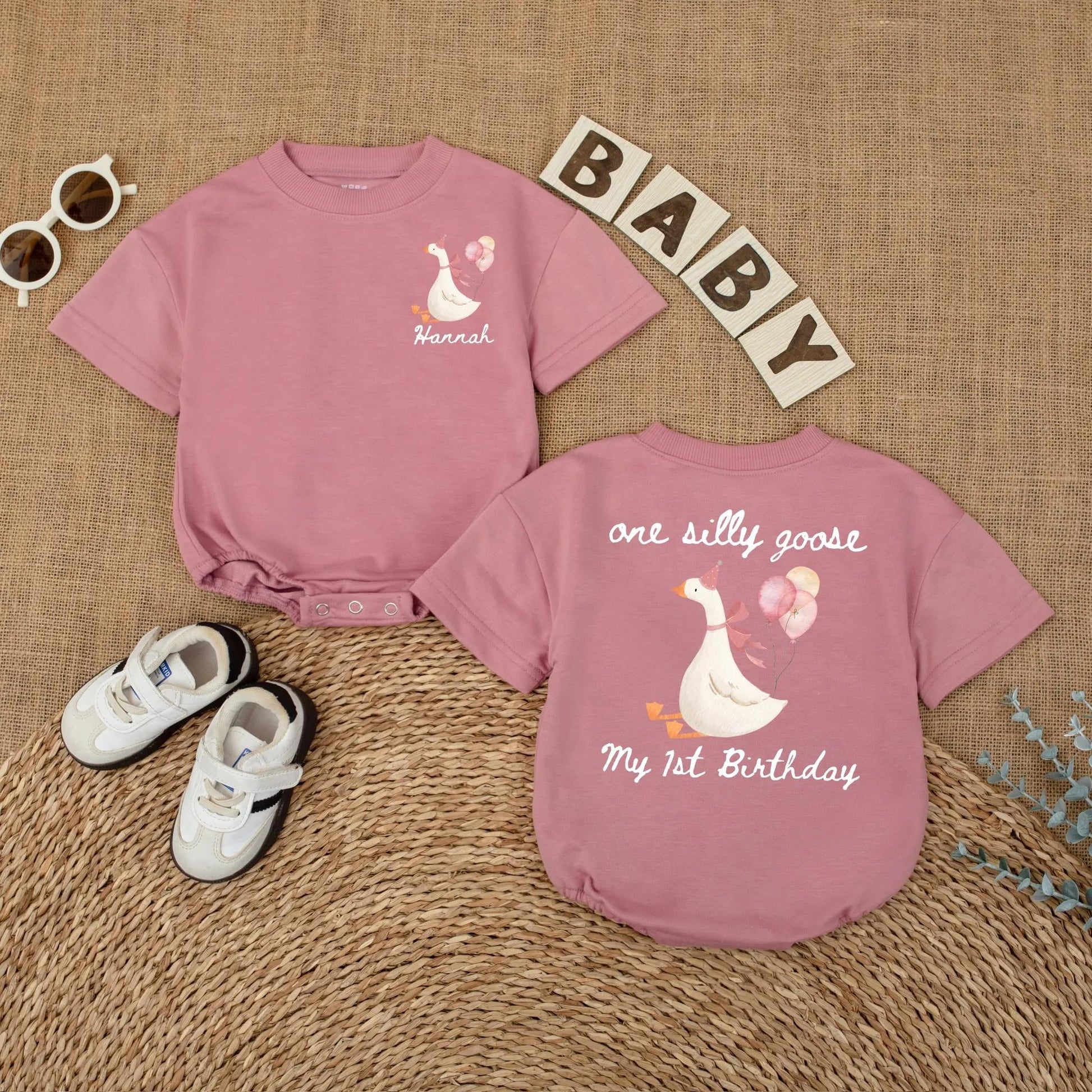Personalized Pink Goose First Birthday Romper Baby Girl Outfit Funny Goose Themed Party Shirt Short Sleeve Bubble