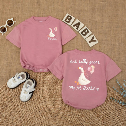 Personalized Pink Goose First Birthday Romper Baby Girl Outfit Funny Goose Themed Party Shirt Short Sleeve Bubble