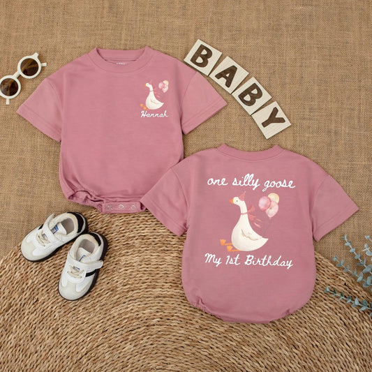Personalized Pink Goose First Birthday Romper Baby Girl Outfit Funny Goose Themed Party Shirt Short Sleeve Bubble