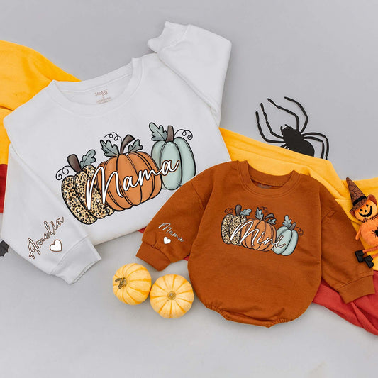 Personalized Mama Mini Pumpkin Matching Fall Sweatshirts Baby Infant Toddler Bodysuit Soft Cozy Family Outfits for Autumn Thanksgiving Season