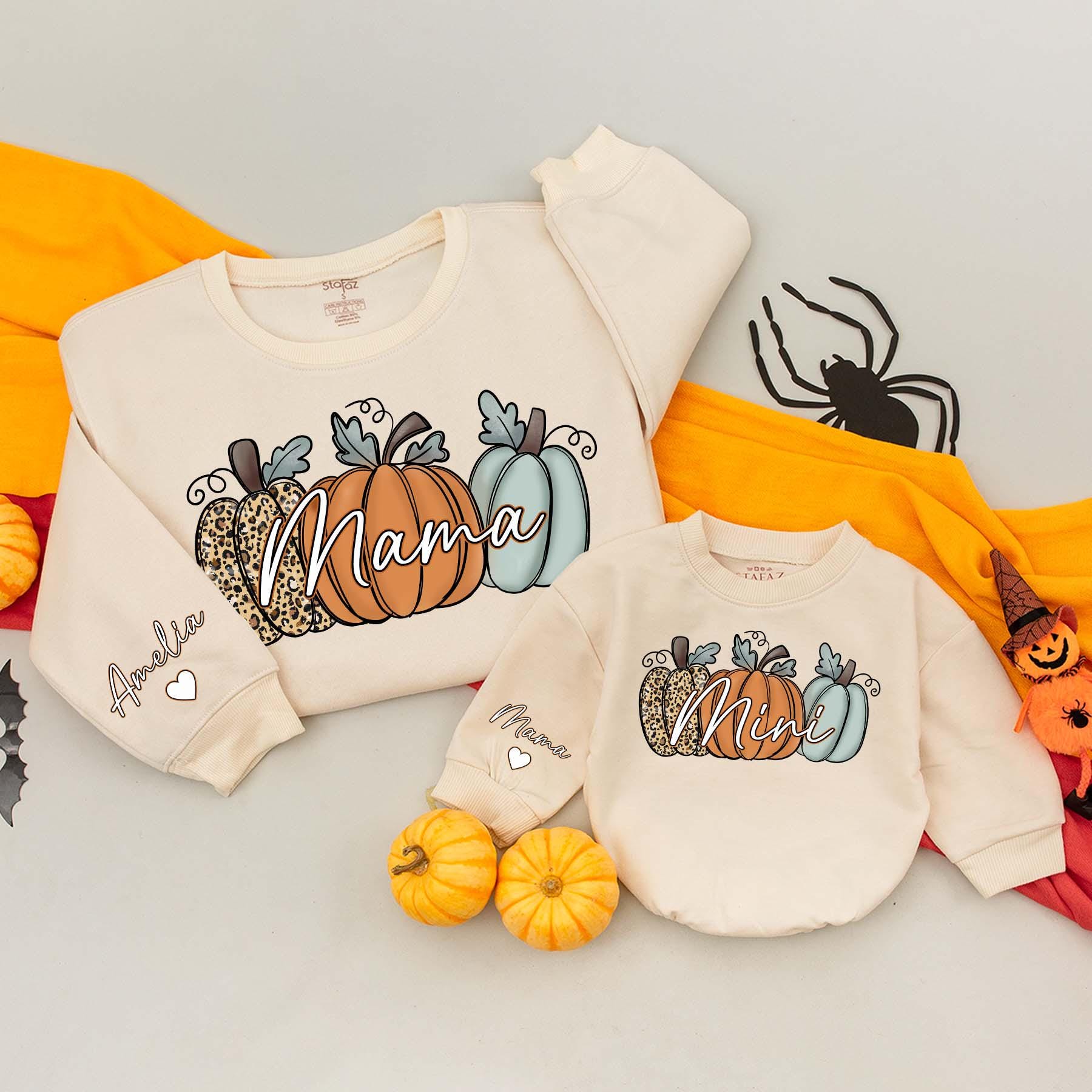 Personalized Mama Mini Pumpkin Matching Fall Sweatshirts Baby Infant Toddler Bodysuit Soft Cozy Family Outfits for Autumn Thanksgiving Season