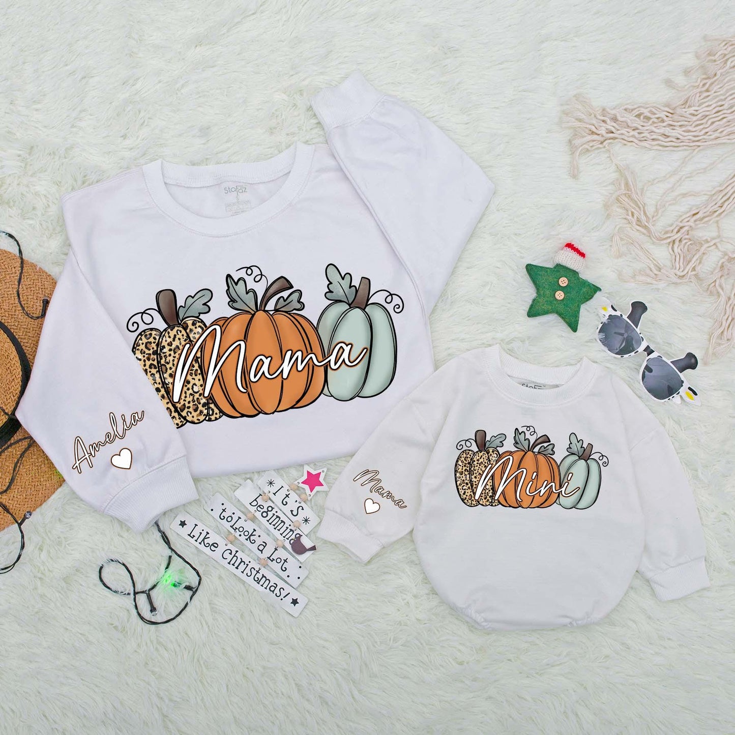 Personalized Mama Mini Pumpkin Matching Fall Sweatshirts Baby Infant Toddler Bodysuit Soft Cozy Family Outfits for Autumn Thanksgiving Season