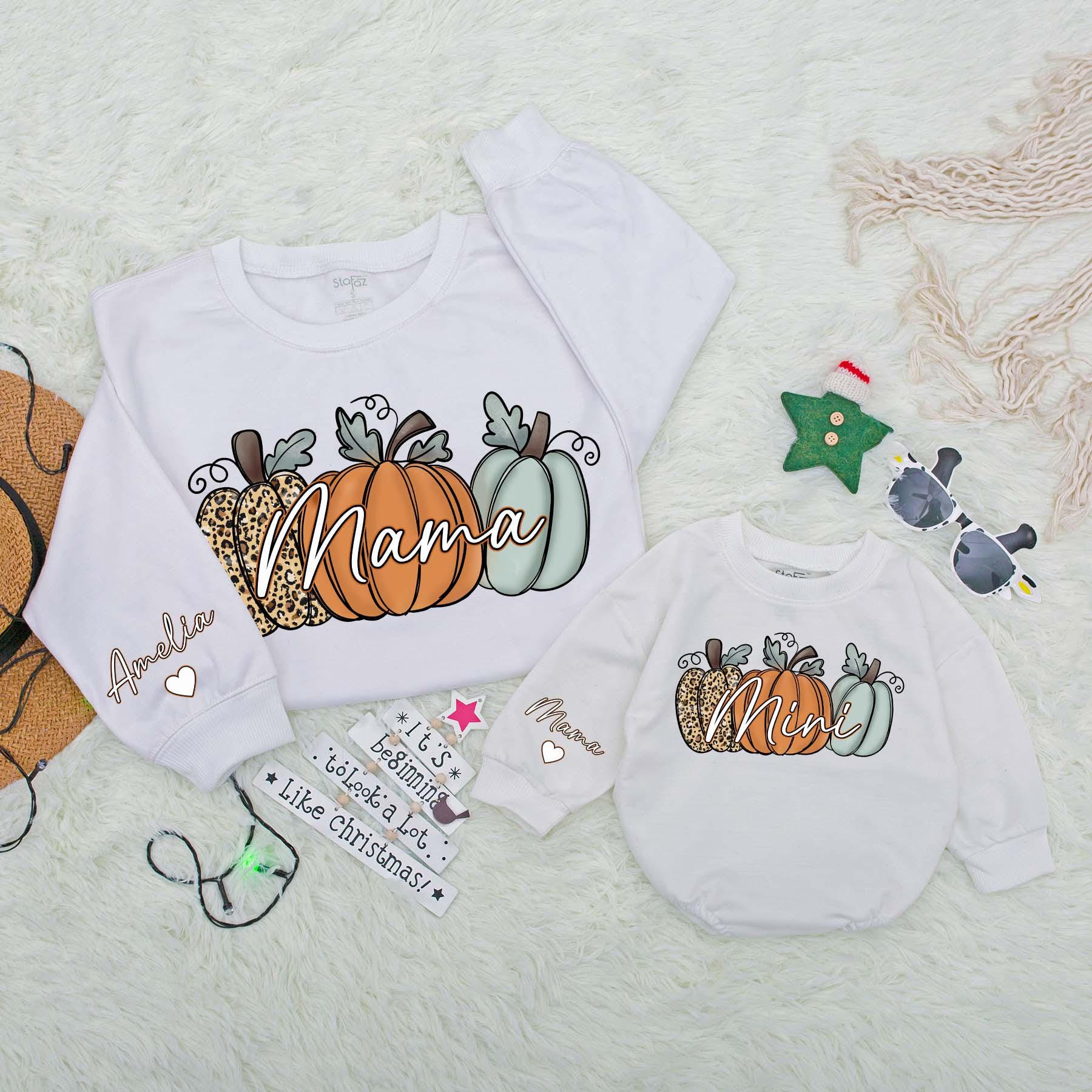 Personalized Mama Mini Pumpkin Matching Fall Sweatshirts Baby Infant Toddler Bodysuit Soft Cozy Family Outfits for Autumn Thanksgiving Season
